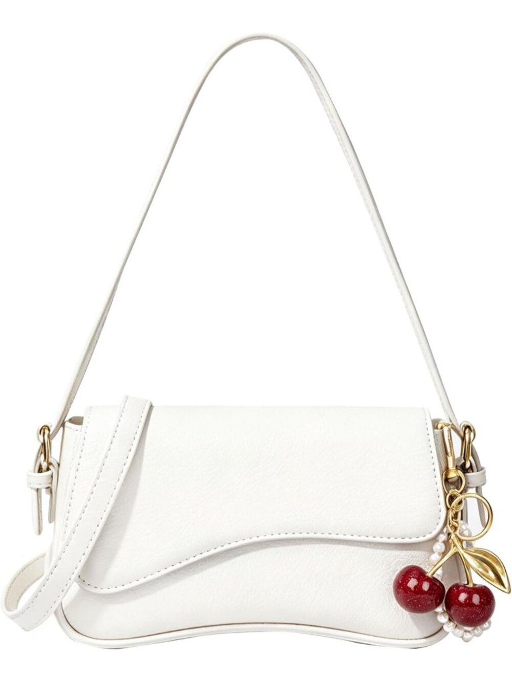 Women's Texture White&red Hobo Bags with Cherry Pendant Crossbody Shoulder Bag